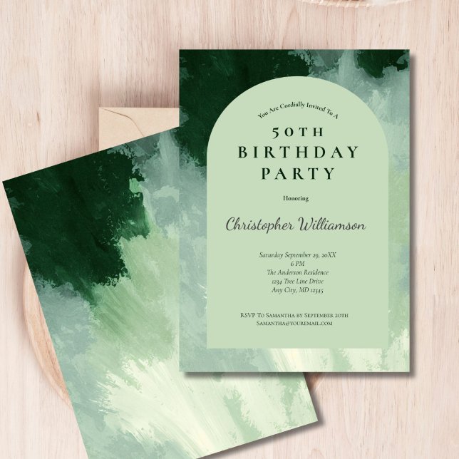 Convites Arco de Aquarela Verde Escuro e Mini Verde para An (Dark and Light Mint Green Watercolor Modern Arch 50th Birthday party invitation for him)