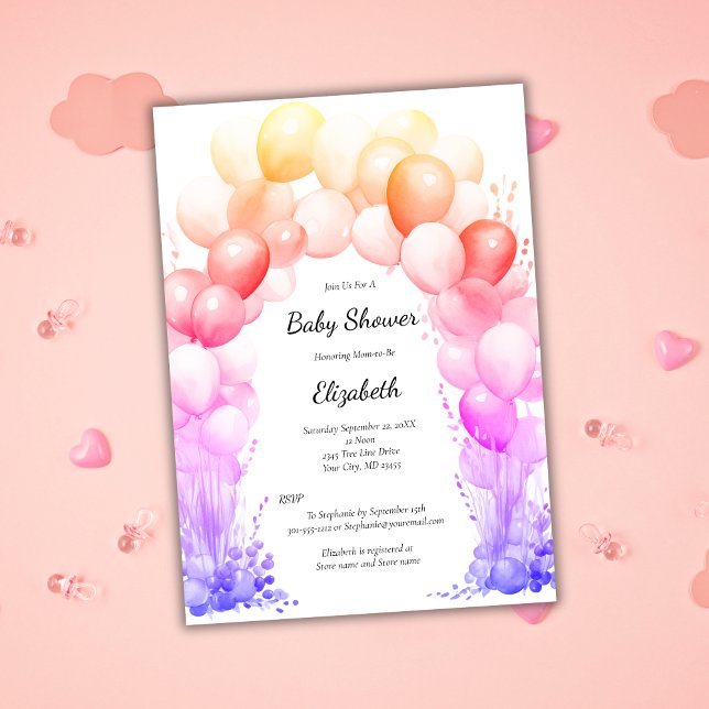 Convites Arco de Balão Cores do Arco-Íris Churrasco de Bebê (Baby Girl Baby Shower Invitation Balloon Arch Pink Yellow Orange Red Rainbow Colors)