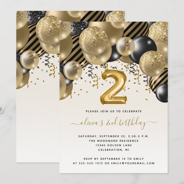 Convites Arco de Balão Preto Dourado Aniversário de 2 Anos (Frente/Verso)