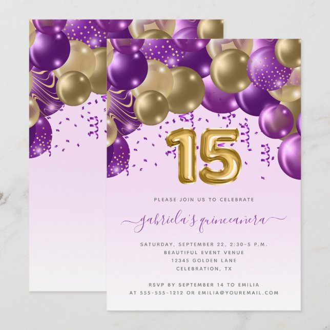 Convites Arco de Balão Roxo Dourado Quinceañera (Frente/Verso)