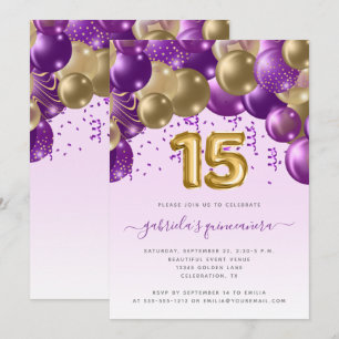 Convites Arco de Balão Roxo Dourado Quinceañera