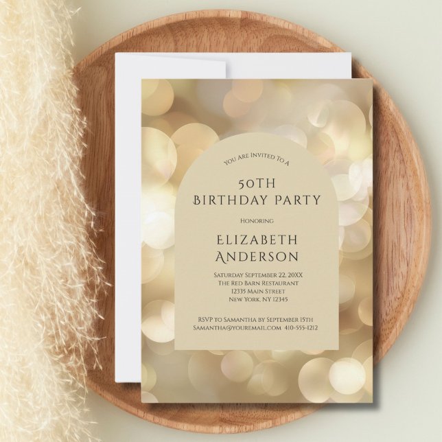 Convites Arco de Bokeh de Champanhe Dourado para 50º Aniver (Gold Champagne Bokeh Arch 50th Birthday invitation for him or her. Printed or Digital)