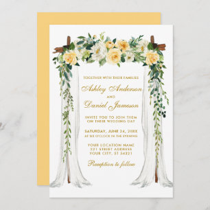 Convites Arco de Casamento Amarelo Floral Dourado