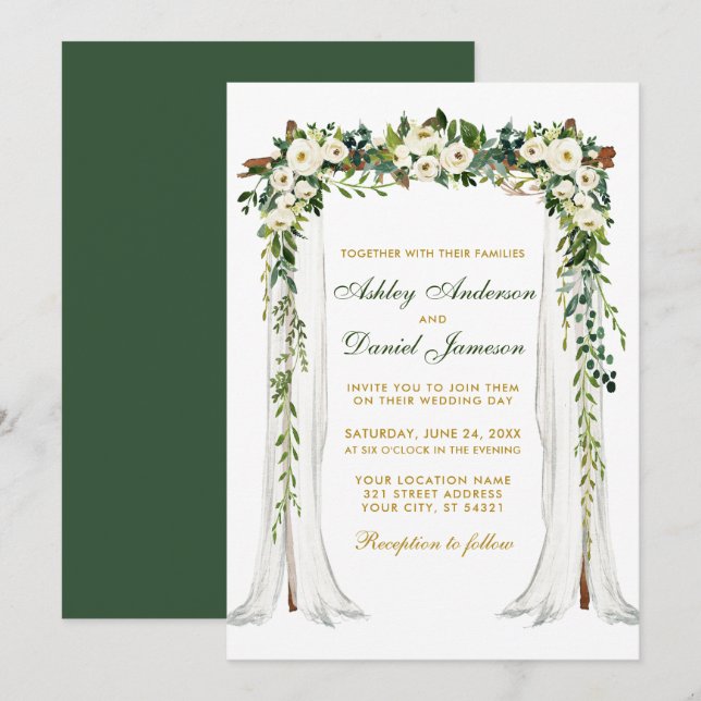 Convites Arco de Casamento Cana-d-Água Floral Verde Dourado (Frente/Verso)