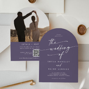 Convites Arco de Casamento com Código QR e Foto Roxo Boho