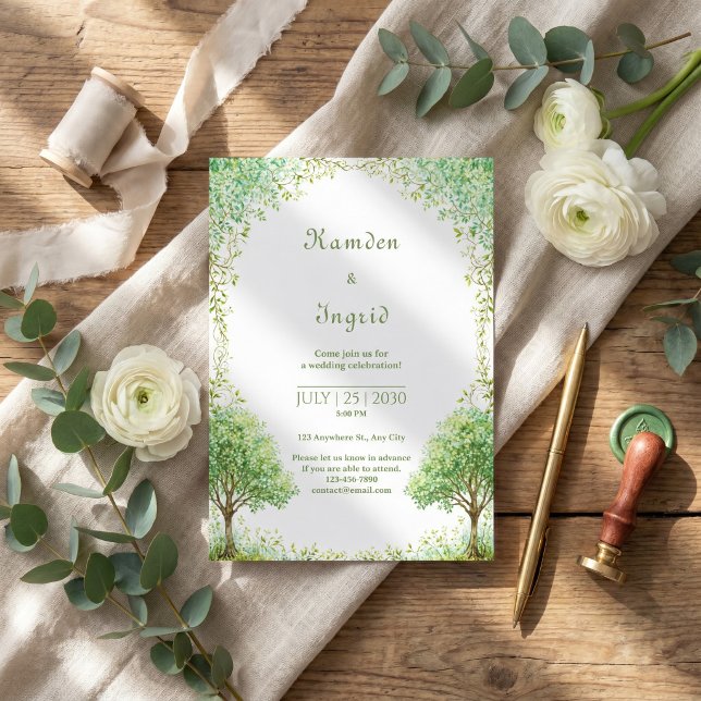 Convites Arco de Casamento de Árvore em Aquarela Verde Capr (Criador carregado)