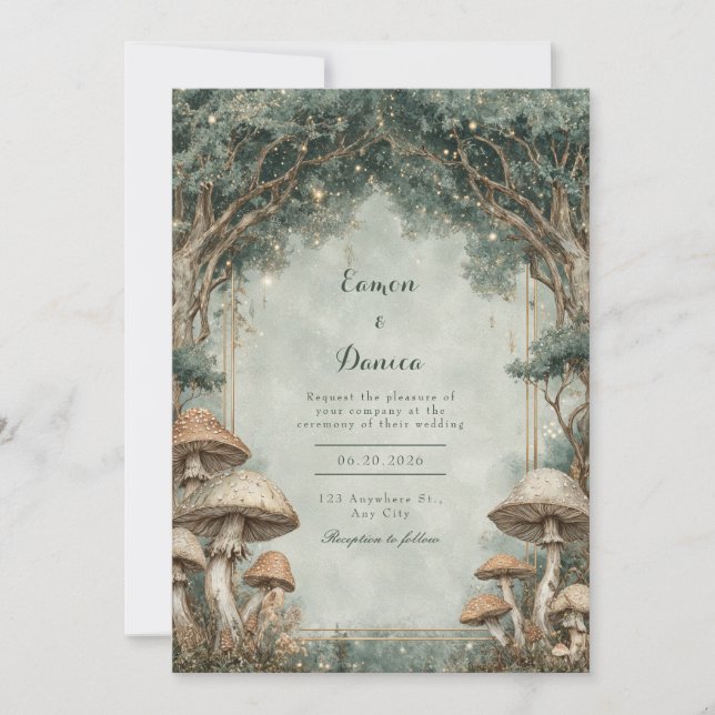 Convites Arco de casamento dourado com cogumelos da florest (Frente)