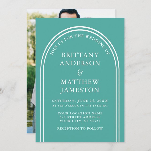 Convites Arco de Casamento Elegante Moderno Foto Azul (Frente/Verso)