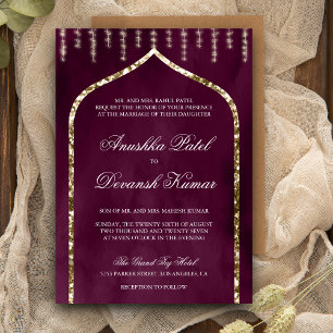 Convites Arco de Casamento Étnico Indiano Dourado Roxo Amei