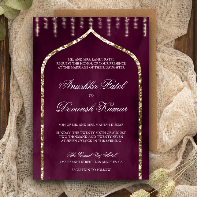 Convites Arco de Casamento Étnico Indiano Dourado Roxo Amei (Criador carregado)
