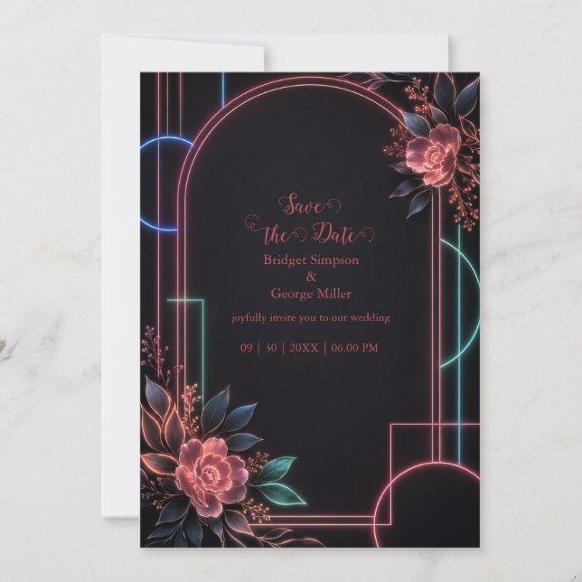 Convites Arco de Casamento Floral Neon Romântico Brilho (Frente)