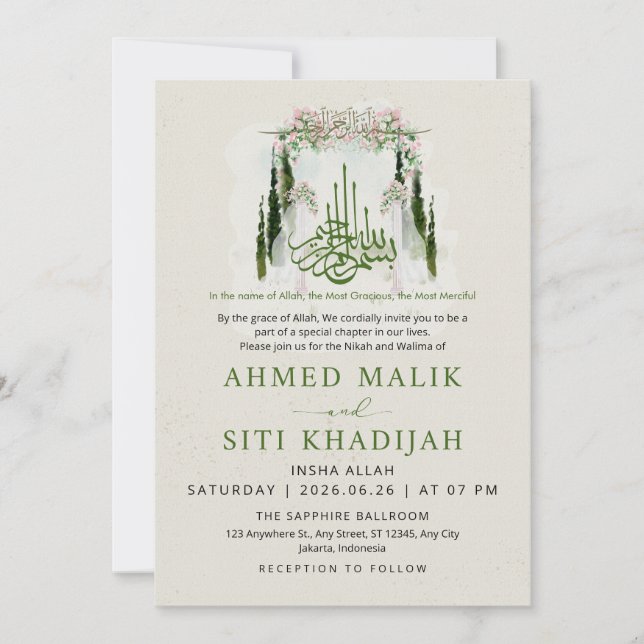 Convites Arco de Casamento Islâmico Floral Elegante Nikah (Frente)