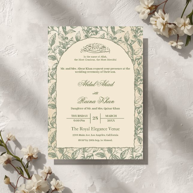 Convites Arco de Casamento Islâmico Muçulmano Floral Verde  (Criador carregado)