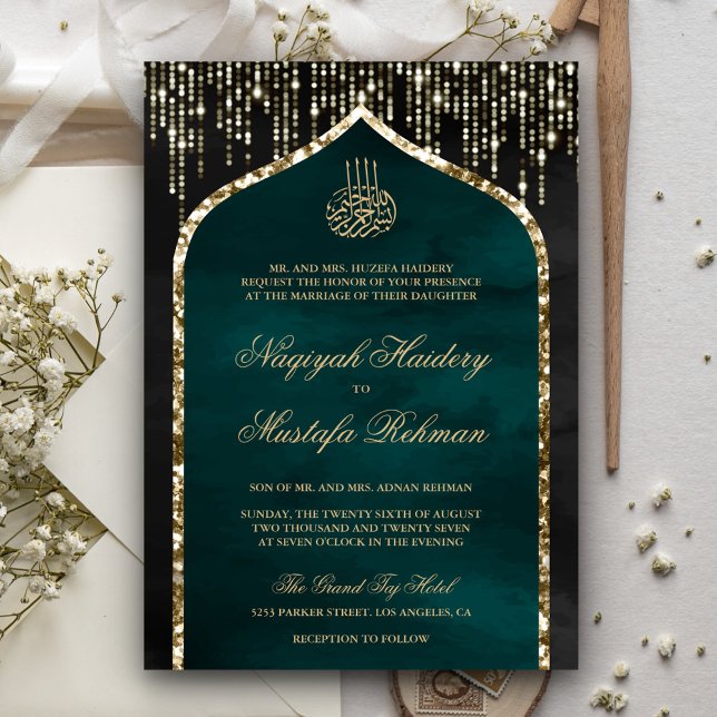 Convites Arco de casamento muçulmano com brilho dourado pre (Criador carregado)