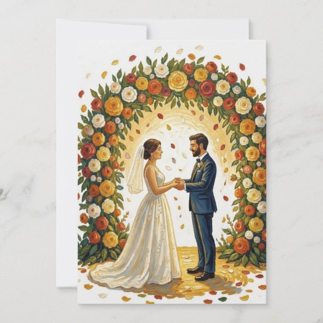 Convites Arco de Casamento Romântico Rosas Douradas Casal (Frente)