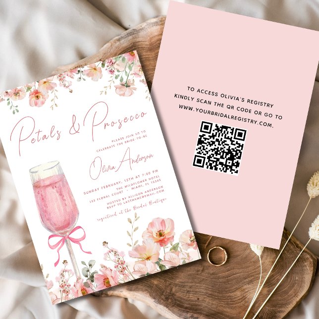 Convites Arco de código QR Petals & Prosecco cor-de-rosa (Criador carregado)