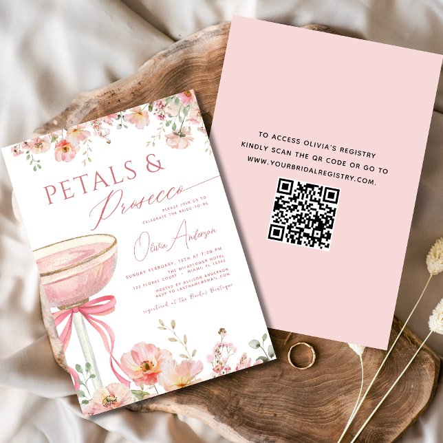 Convites Arco de código QR Petals & Prosecco cor-de-rosa (Criador carregado)