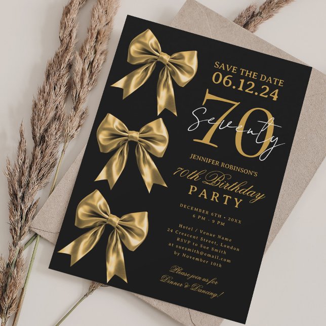 Convites Arco de Coquete de Ouro Salvar Data 70º Aniversári (Gold Coquette Bow Save Date 70th Birthday Black Invitation)