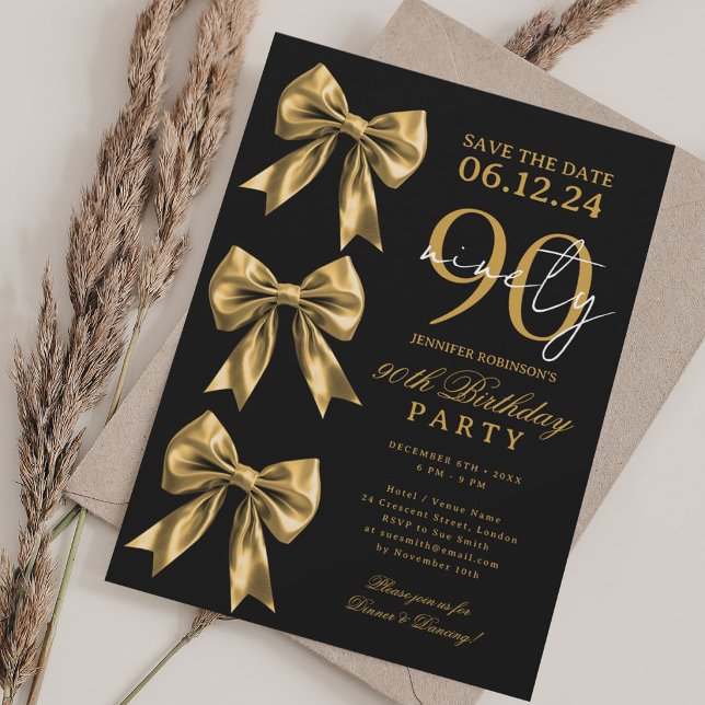 Convites Arco de Coquete em Dourado Salve a Data 90º Aniver (Gold Coquette Bow Save Date 90th Birthday Black Invitation)