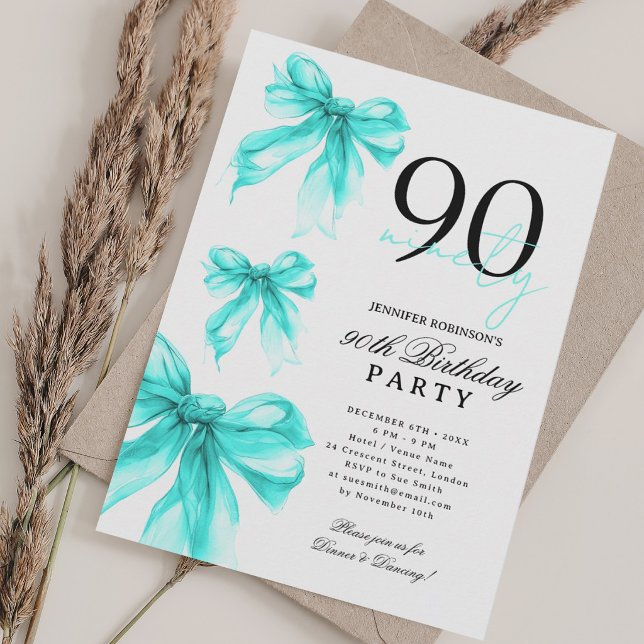 Convites Arco de Coquete Fazer com Água Turquesa para 90º A (Turquoise Watercolor Coquette Bow 90th Birthday Invitation)