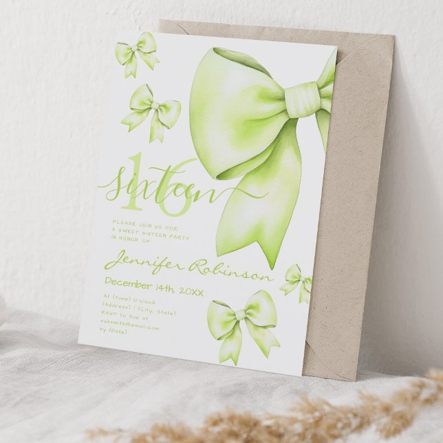 Convites Arco de coquete fino 16 (Cute Coquette Lime Green Bow Sweet 16 Invitation)
