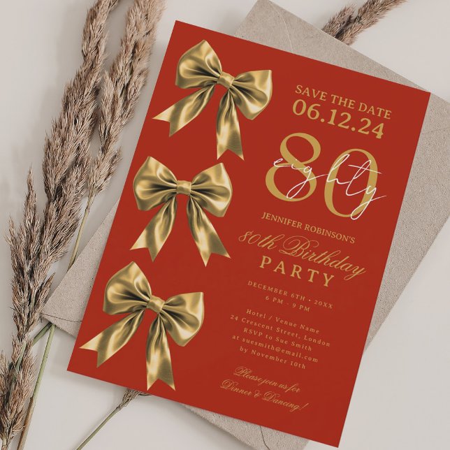 Convites Arco de Coquete Gold Salva Data 80º Aniversário Ve (Gold Coquette Bow Save Date 80th Birthday Red Invitation)