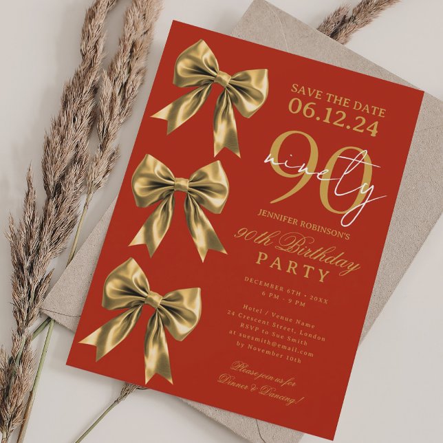 Convites Arco de Coquete Gold Salva Data 90º Aniversário Ve (Gold Coquette Bow Save Date 90th Birthday Red Invitation)