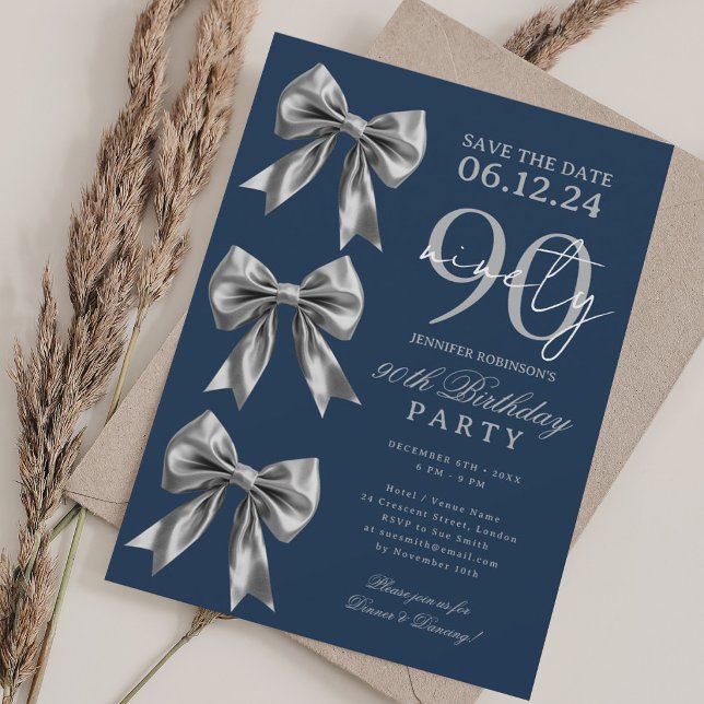 Convites Arco de Coquete Silver 90º Aniversário navy (Silver Coquette Bow 90th Birthday navy Invitation)