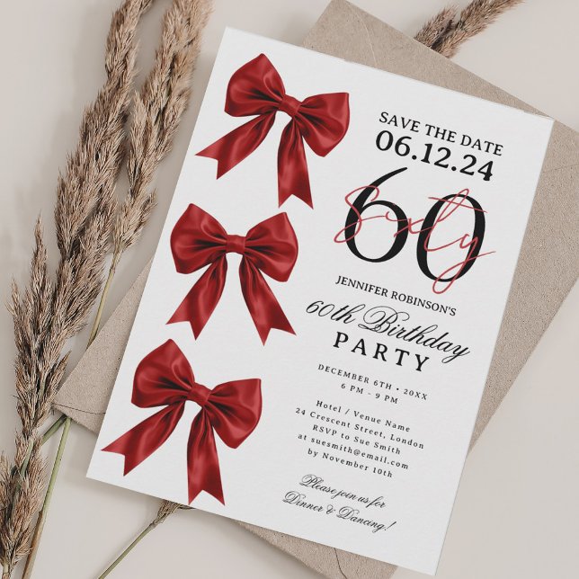 Convites Arco de Coquete Vermelho Salvar Data Festa de Aniv (Red Coquette Bow Save Date 60th Birthday Party Invitation)