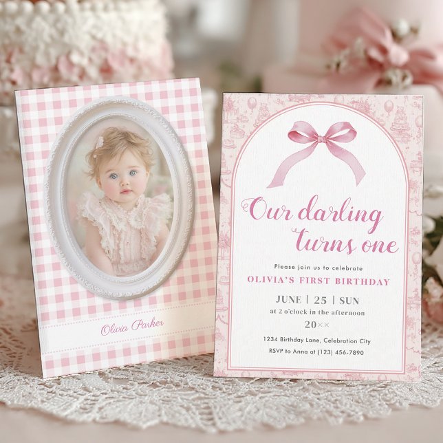 Convites Arco de Coquetes Rosa (coquette style 1st birthday invitation for baby girl, pink bow and photo card set
)