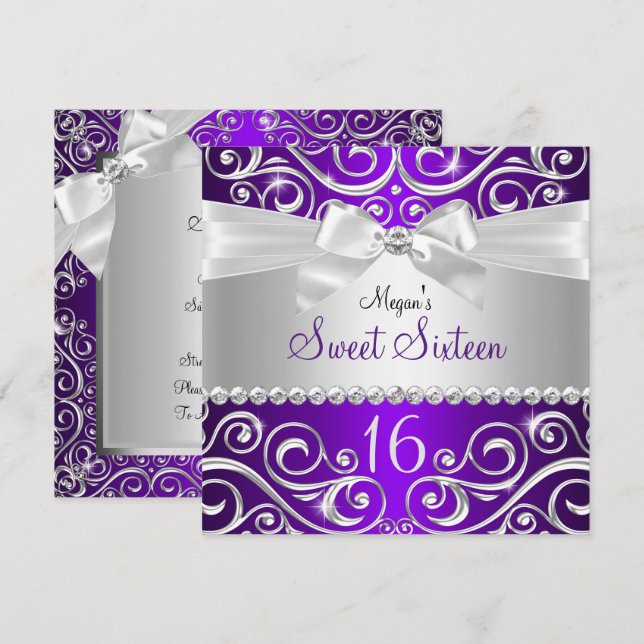 Convites Arco de Diamante Bonito Roxo Swirl Sweet 16 (Frente/Verso)