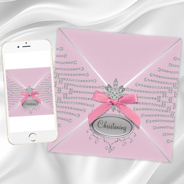 Convites Arco de Diamante Rosa Batizado (Girl pink christening and baptism invitation. Digital download and printed invitations available.)