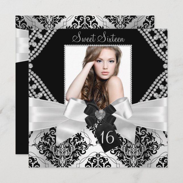 Convites Arco de Diamond Black Damask Foto Sweet 16 (Frente/Verso)