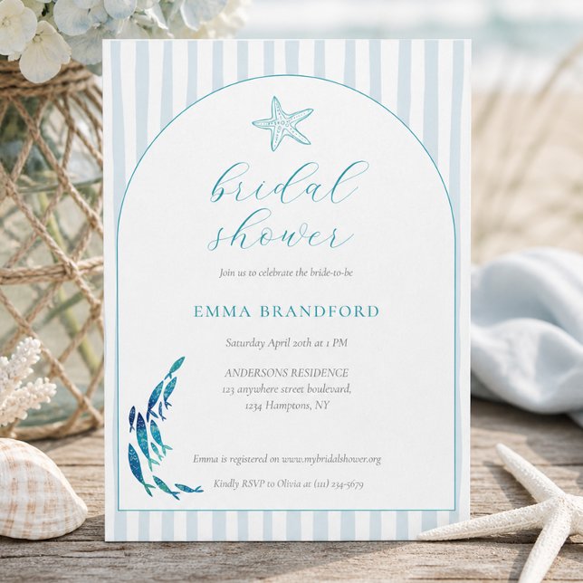 Convites Arco de Estrela do Mar Costeira Azul Branco Chuvei (Coastal Starfish Arch Blue White Bridal Shower Invitation)