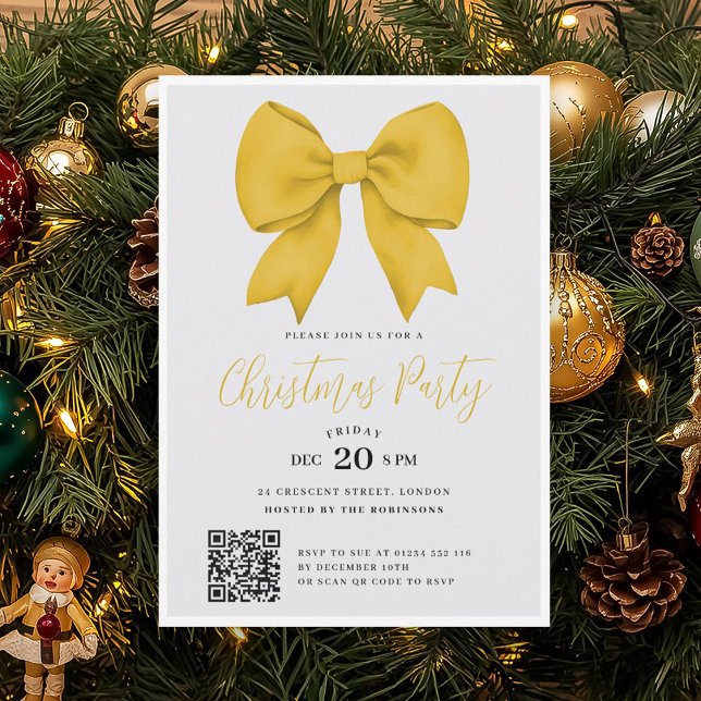 Convites Arco de Férias de Ouro QR Moderno Festa de Natal (Modern QR Gold Holiday Bow Christmas Party Invitation)