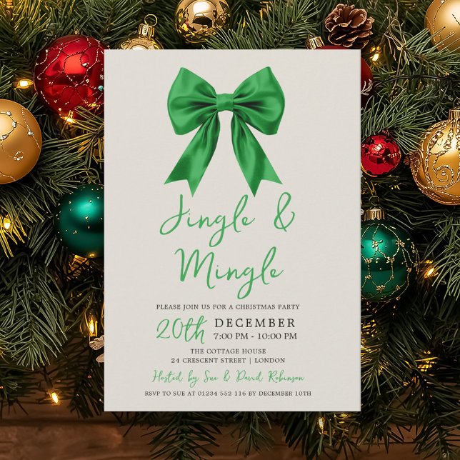Convites Arco de festa moderna verde de Jingle & Mingle de  (Modern Green Jingle & Mingle Christmas Party Bow Invitation)