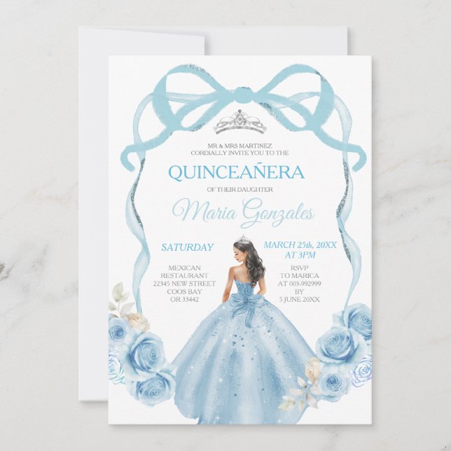 Convites Arco de Fita Azul Dusty Princesa Mis Quince (Frente)