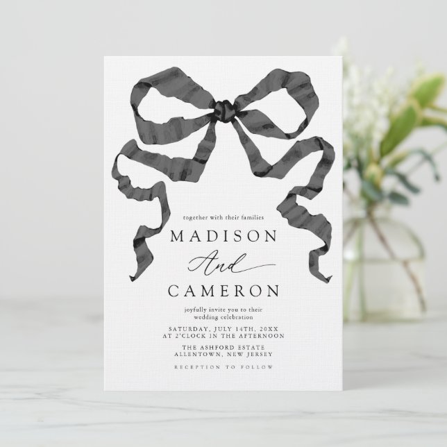 Convites Arco de fita de aquarela Ajustado a preto e branco (Em pé/Frente)