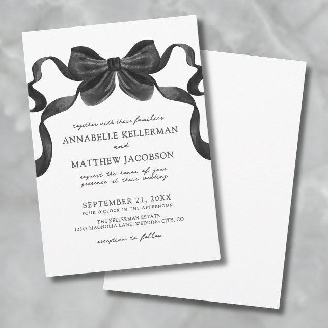 Convites Arco De Fita Elegante Casamento Preto E Branco (Elegant Ribbon Bow Black And White Wedding Invitation)