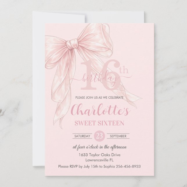 Convites Arco de Fita Rosa Coquette Blush para 16º Aniversá (Frente)