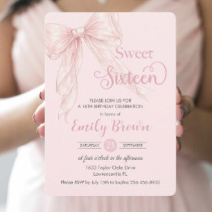 Convites Arco de Fita Rosa Coquette Blush Sweet 16 Aniversá