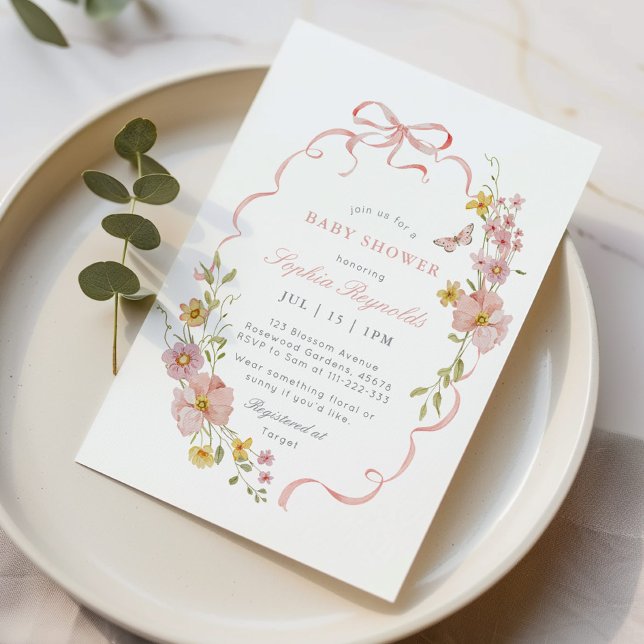 Convites Arco de flor selvagem Chá de fraldas rosa (Criador carregado)