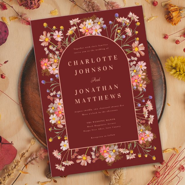 Convites Arco de Flor Silvestre Boho Terracota Casamento de (Wildflower arch burgundy terracotta peach fall wedding invitation with elegant script )