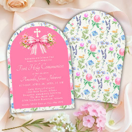 Convites Arco de Flor Silvestre Rosa para a Primeira Comunh