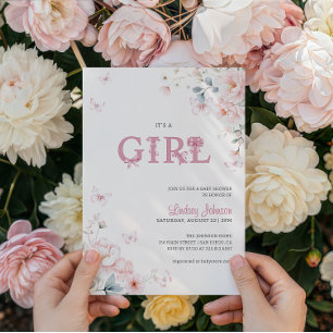 Convites Arco de Floral Pastel Rosa É uma Menina Chá de Beb