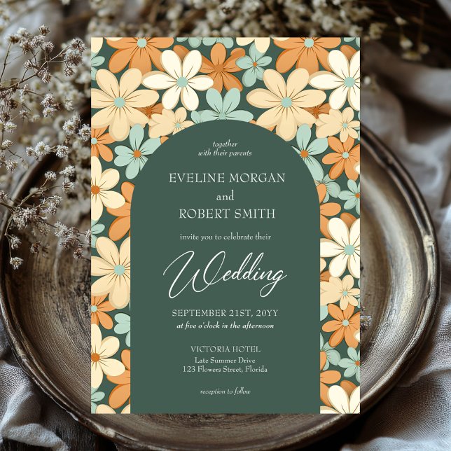 Convites Arco de flores de creme amarelo pálido de marfim-r (retro groovy ivory dusty orange cream flowers boho arch wedding invitation)
