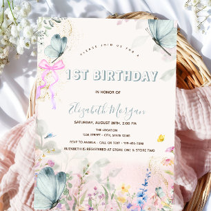 Convites Arco de Flores Silvestres Borboletas Azuis  1º Ani