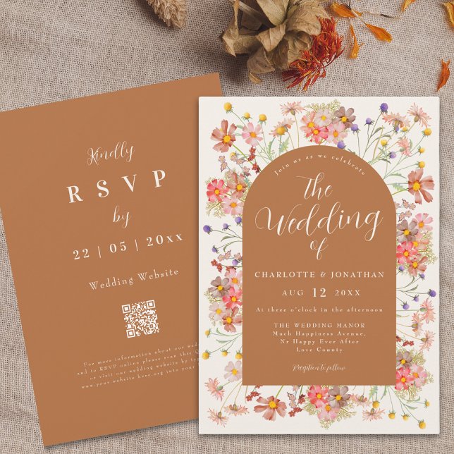 Convites Arco de Flores Silvestres de Outono Boho em Laranj (Boho fall Wildflower arch burnt orange terracotta Wedding invitation autumnal dried flowers)