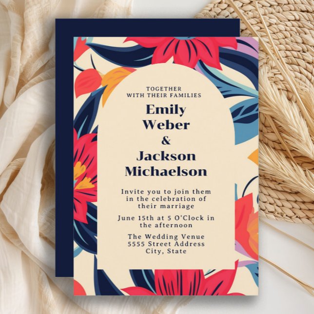Convites Arco de Flores Vermelhas e Azuis para Casamento  (Navy blue and red retro -style flowers wedding invitation)