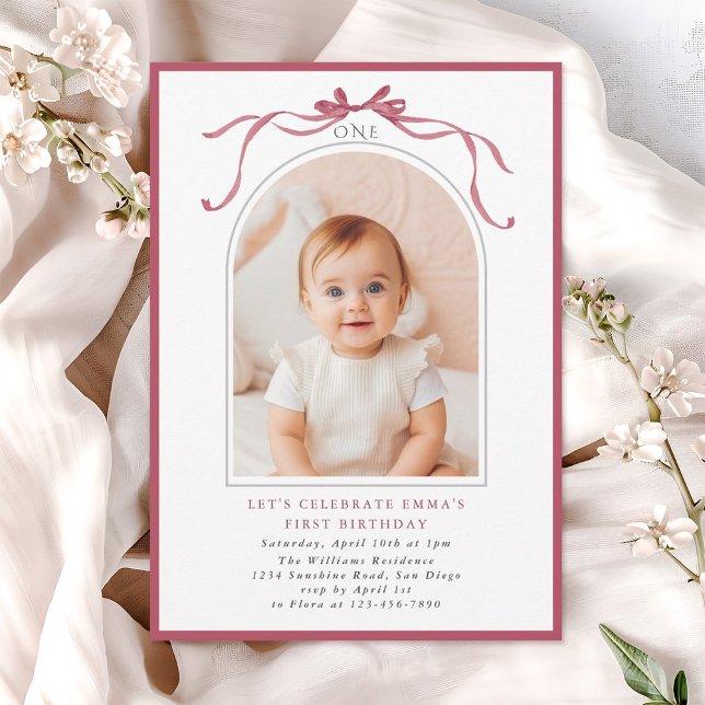 Convites Arco de Foto de Aniversário de 1 Ano de Menina com (Criador carregado)